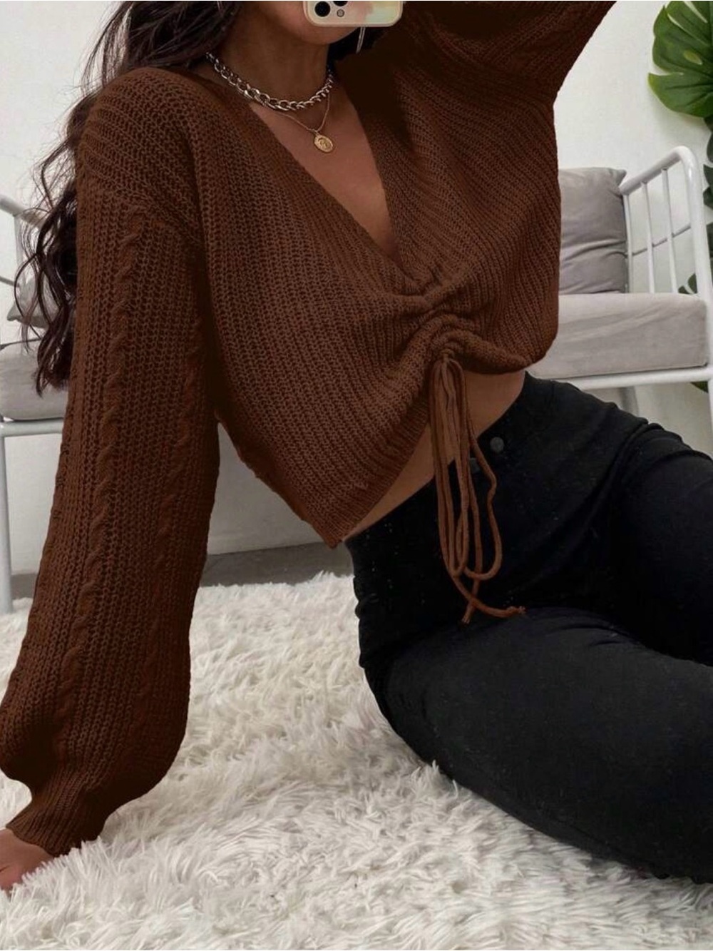 Chocolate Brown V-Neck Drawstring Cropped Sweater